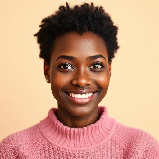 Portrait of Naliaka, a serene mother in a pink sweater