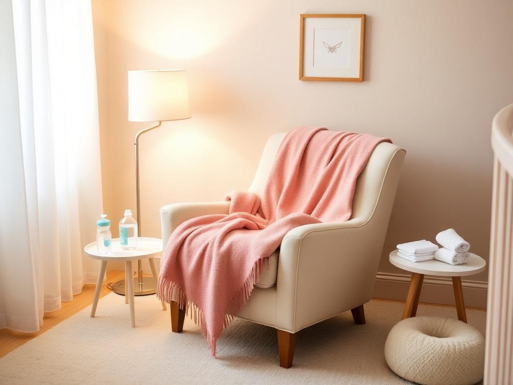A cozy nursing corner with a cream armchair and soft pink throw