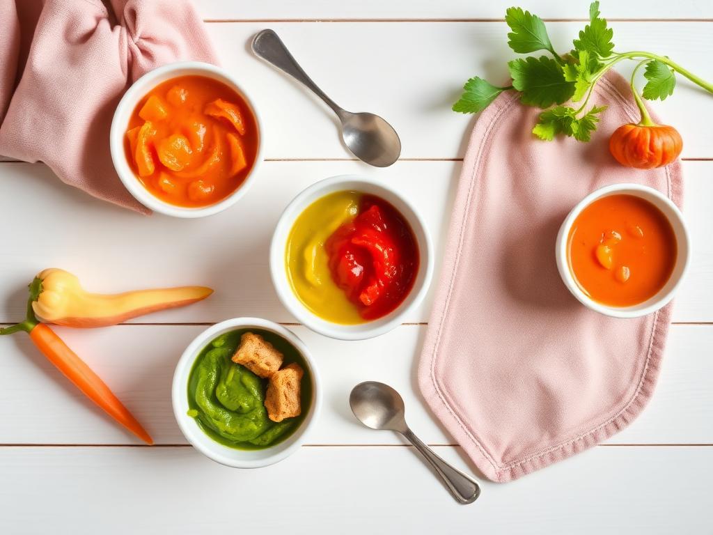 Small bowls of colorful vegetable purees for baby's first foods
