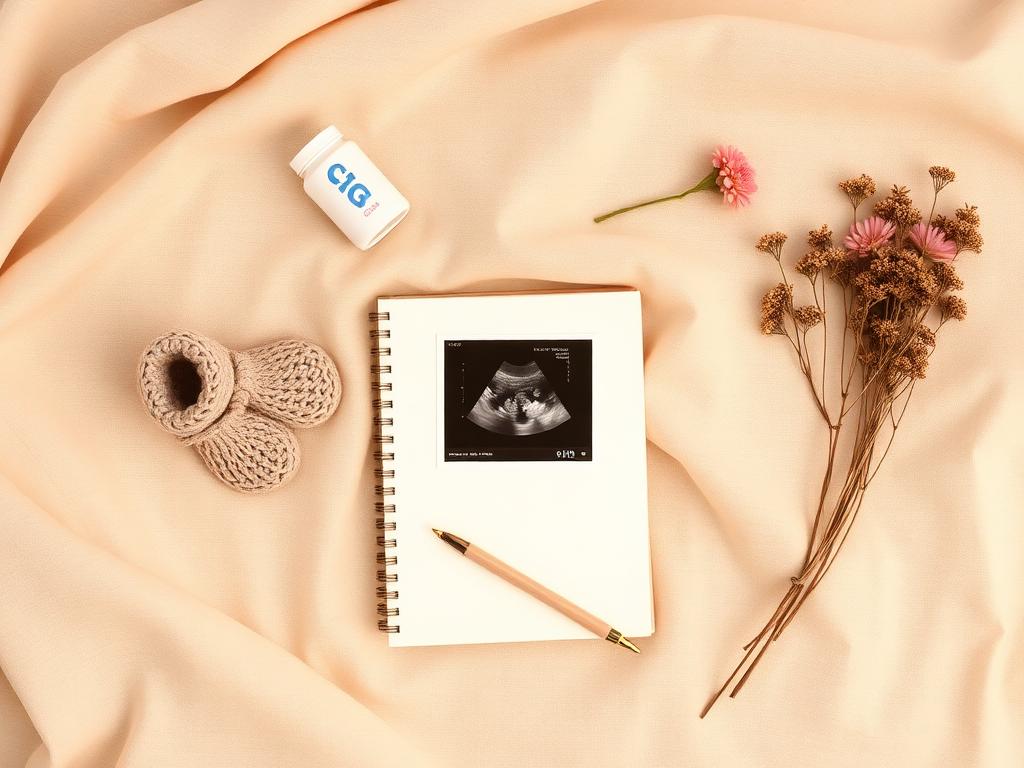 Pregnancy journal, ultrasound photo and knitted booties arranged on cream linen
