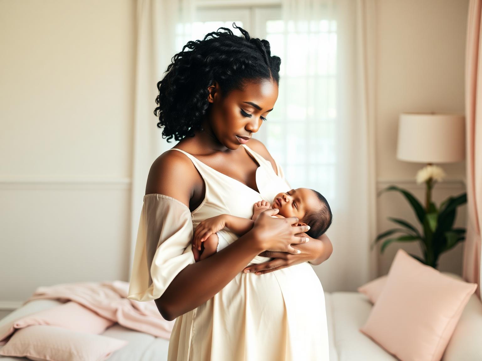 Mother in a cream dress tenderly cradling her sleeping newborn in a bright, airy room