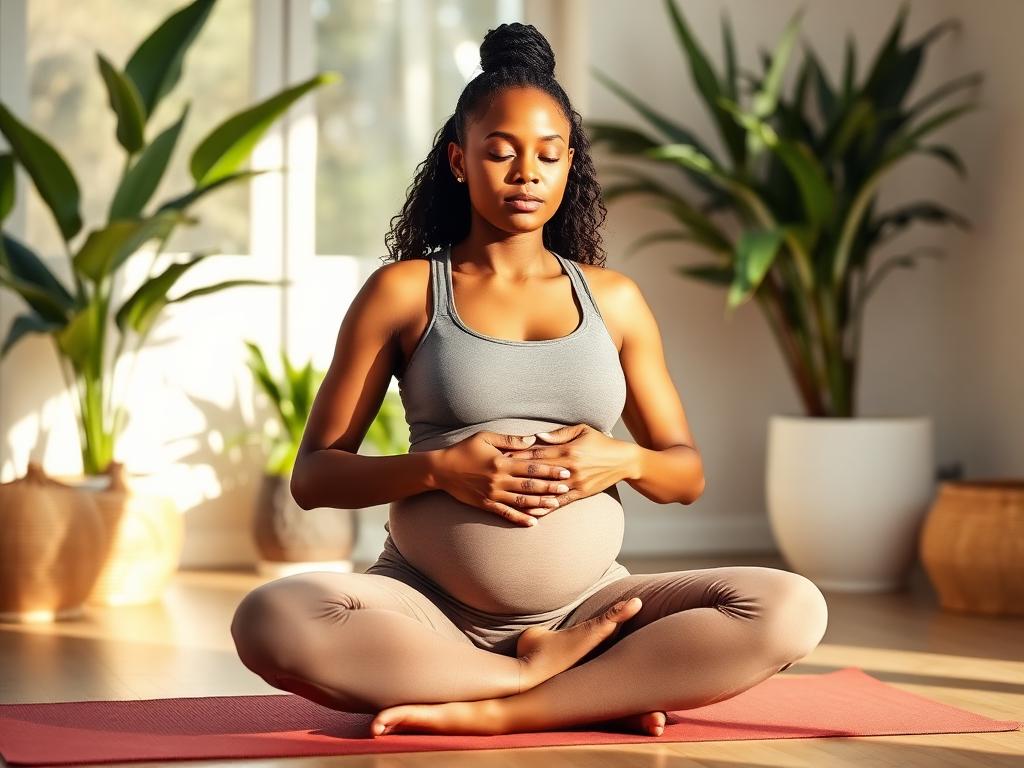 Expectant mother practicing calm breathing during a birth preparation class