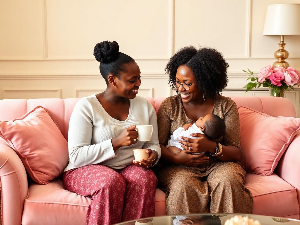 Mothers sharing conversation and tea at a support group session
