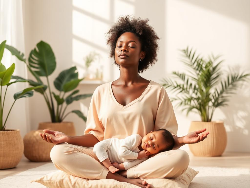 Mother enjoying a quiet wellness moment while her baby rests beside her